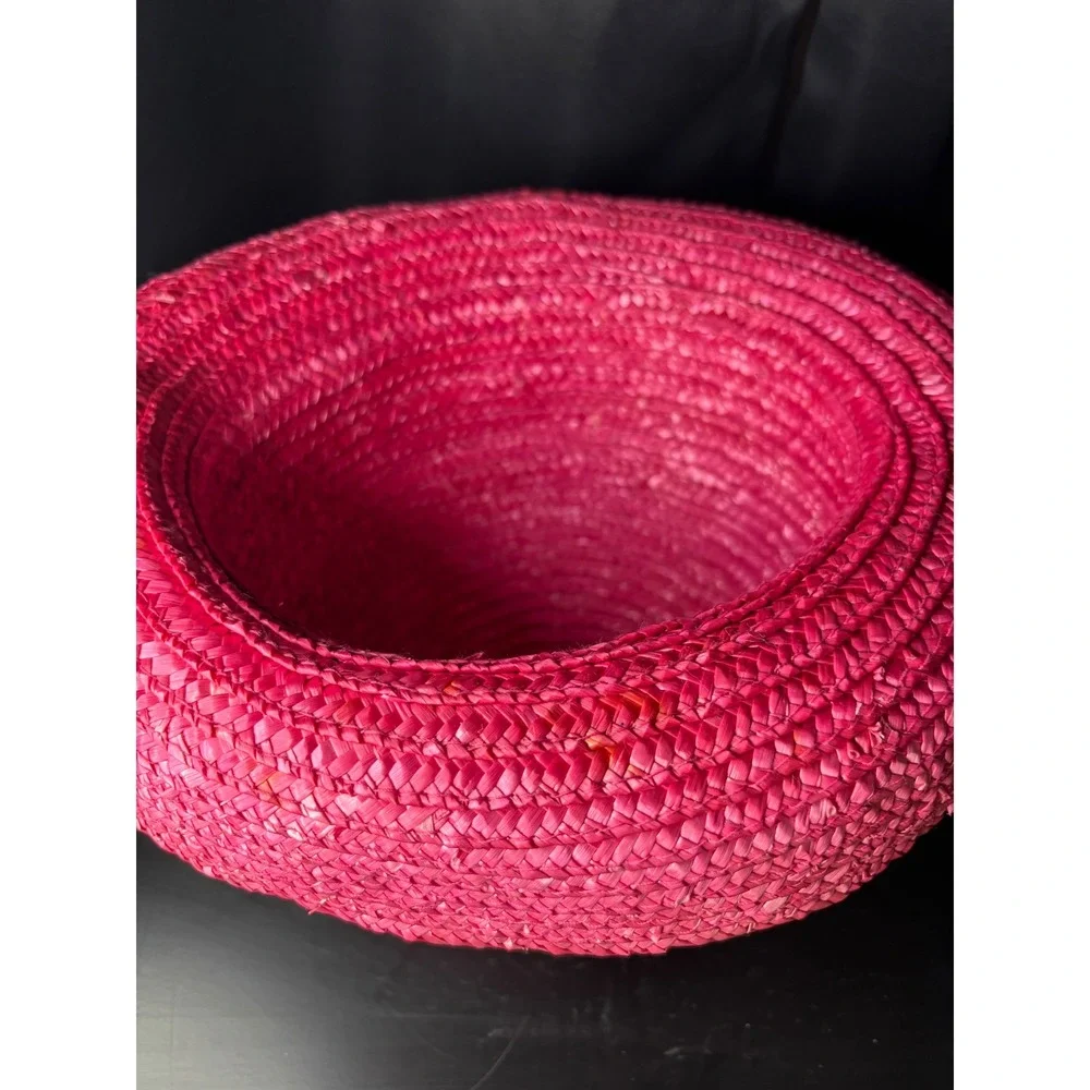 Vintage Magenta Pink Straw Sun Hat Wide Brim Floral Ribbon Accent Summer Beach